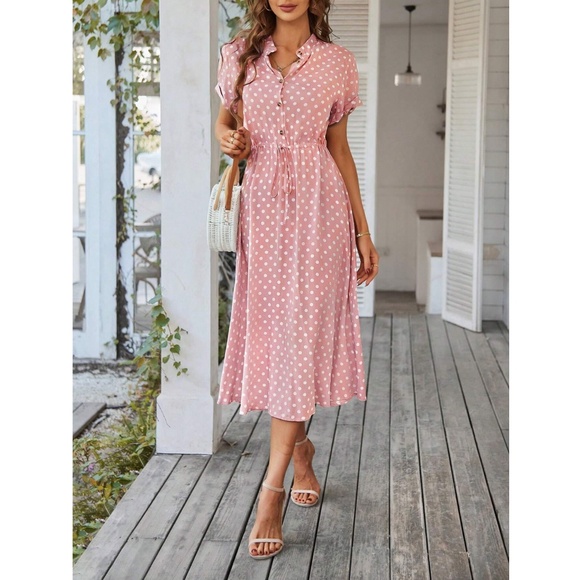 Pink Polka Dot Dress Midi Drawstring Ties Short Sleeve - Picture 7 of 11